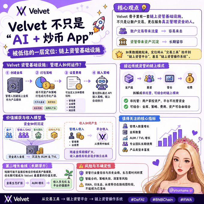 A Velvet (DeFi) infographic in Chinese explaining Velvet's positioning as on-chain asset management infrastructure with sections on value capture, growth curves, and risk factors.