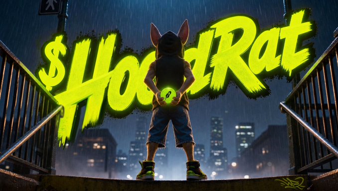 Artwork showing a character with rat ears and tail standing on a rooftop in the rain with 'HoodRat' written in large green graffiti-style text and a city skyline in the background.