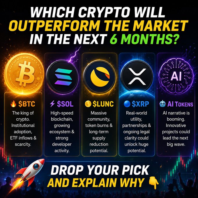 The image shows a group of five different cryptocurrencies, including Bitcoin, Solana, Ripple, XRP, and AI Tokens, displayed against a dark blue background with white text. The text explains that these five cryptocurrencies will outperform the market in the next six months. The image also features a rocket ship symbolizing the crypto world's growth potential.