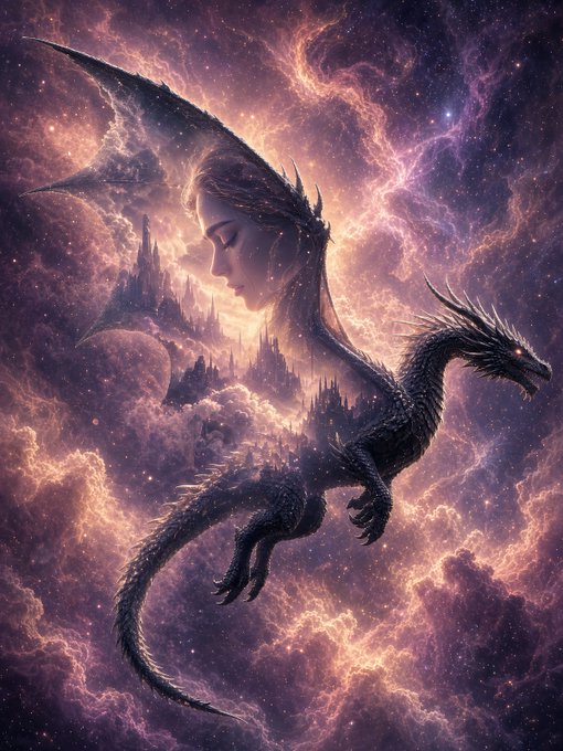 A fantasy digital artwork depicting a dark dragon flying through a cosmic, nebula-filled sky, with the profile of a woman and a glowing castle silhouetted within its wings.