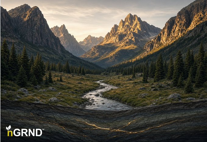 A scenic mountain landscape with a winding stream running through a forested valley, featuring the GRND logo in the bottom-left corner.