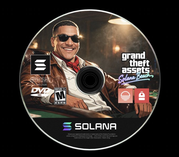 A DVD-style disc labeled "Grand Theft Assets Solana Beach" features an illustrated man in sunglasses at a poker table, branded with the Solana logo.