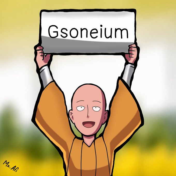 An anime-style illustration of a bald monk in an orange robe smiling and holding up a sign that reads 'Gsoneium'.
