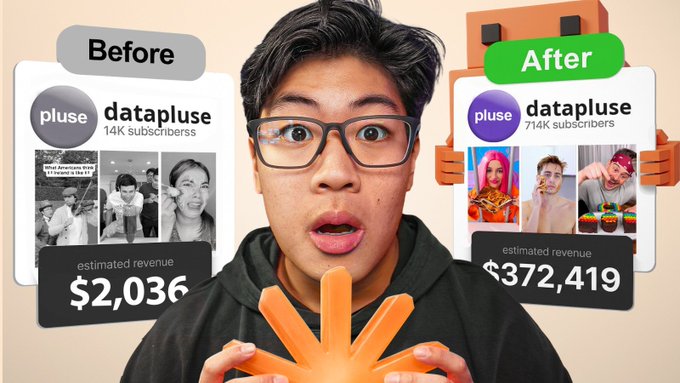 A YouTuber with glasses holds up a before-and-after comparison of his channel 'datapluse' showing growth from 14K subscribers and $2,036 estimated revenue to 714K subscribers and $372,419 estimated revenue.