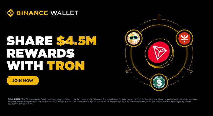 The image is a promotional banner for Binance Wallet advertising "$4.5M REWARDS WITH TRON," featuring the Tron (TRX) logo alongside what appear to be USDD and BTTC token logos, with a "JOIN NOW" call-to-action button. The banner visually supports the accompanying post about a TRON DeFi summer event with a $4.5M prize pool running from S1 to August 5 via Binance Wallet.