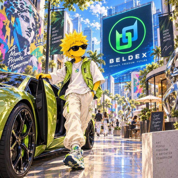 A stylized yellow-haired character wearing sunglasses and a green utility vest stands by a bright green sports car in a futuristic city; prominent text includes “BELDEX,” “PRIVACY. FREEDOM. FUTURE,” and “ART PEOPLE IDEAS A BRIGHTER TOMORROW.”