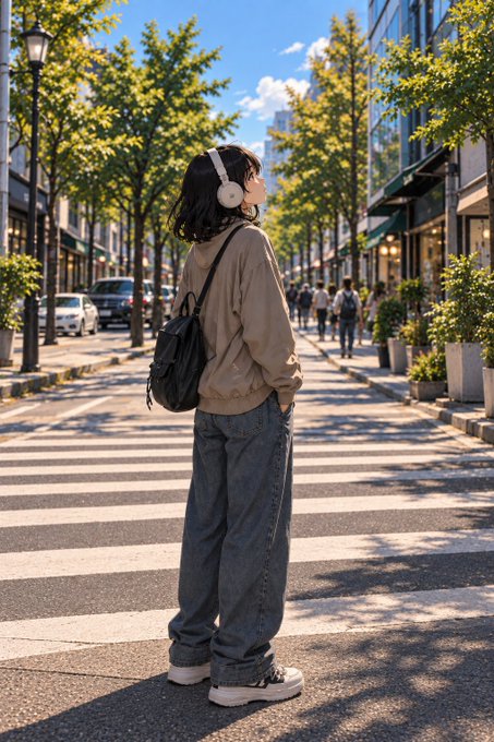 A person with short dark hair wearing headphones, a beige jacket, and baggy jeans standing on a pedestrian crosswalk on a tree-lined urban street.