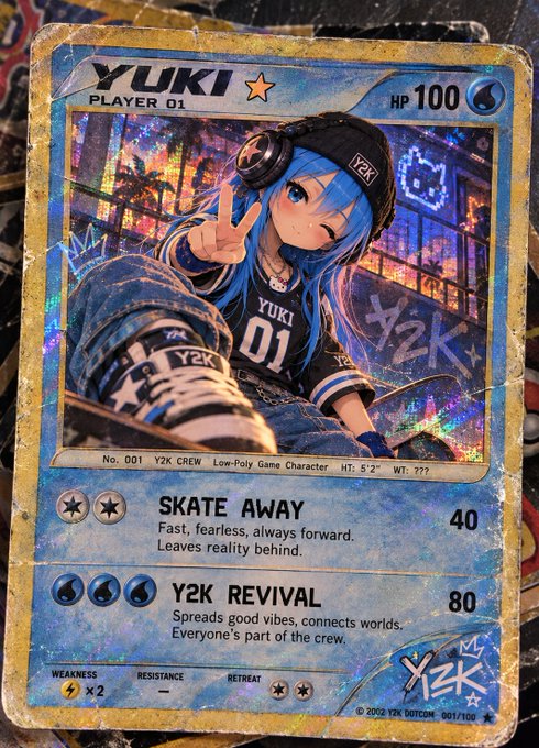 A trading card features a character named "YUKI" with HP 100, showing a blue-haired anime girl in Y2K streetwear making a peace sign, with moves "SKATE AWAY" (40 damage) and "Y2K REVIVAL" (80 damage).