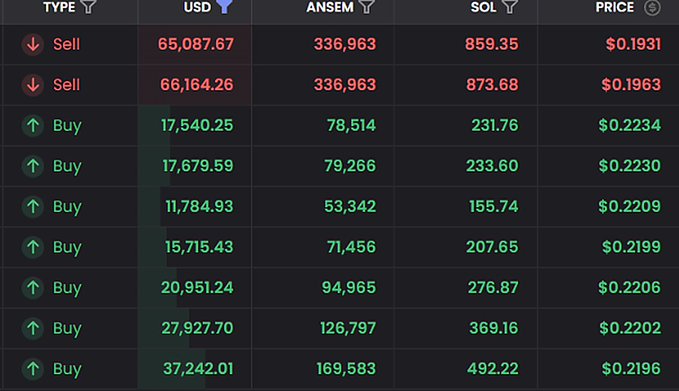 A cryptocurrency trading table showing Buy and Sell orders with columns for TYPE, USD, ANSEM, SOL, and PRICE.