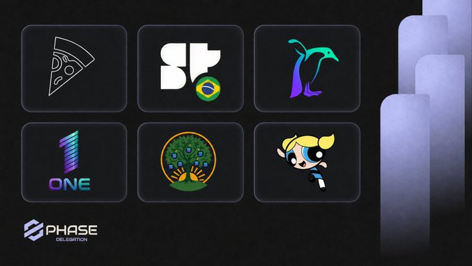 The image displays a grid of six brand/validator logos, including a pizza slice, a speech bubble with a Brazilian flag, a penguin, "1 ONE," a peacock, and a Powerpuff Girl character, alongside "PHASE DELEGATION" branding. This visual showcases the Axis Validator among Phase Delegation's selected validators, complementing the announcement about being chosen for their delegation program.