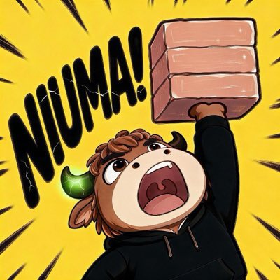 A cartoon bull-like character with green horns screams "NIUMA!" while lifting a stack of three wooden crates overhead, set against a bright yellow background with radiating action lines. The image visually embodies the post's promotion of NIUMA, a BNB memecoin that pairs with real stocks and distributes trading-tax-funded dividends to holders.