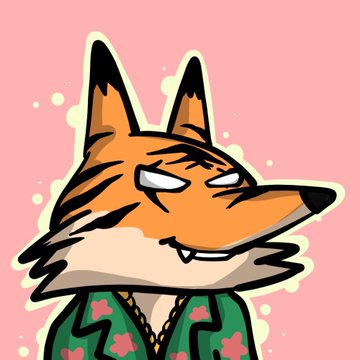 A stylized illustration of an anthropomorphic orange fox with a smug expression, wearing a green shirt with a pink floral pattern against a pink background.