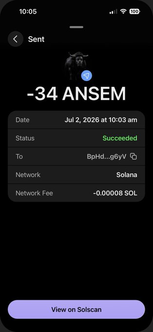 The image shows a successful Solana transaction confirmation for "-34 ANSEM" sent on July 2, 2026, at 10:03 am with a network fee of 0.00008 SOL. It serves as visual proof supporting the post's announcement of an ANSEM token airdrop, demonstrating a recent transfer on the Solana network.