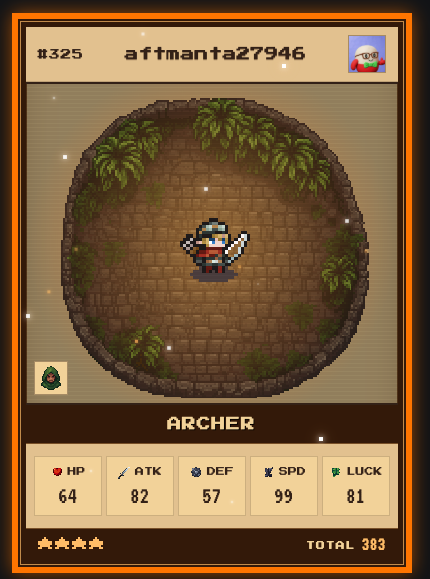 A pixel-art character card displays "ARCHER" #325 belonging to user "aftmanta27946," showcasing their legendary stats with a notable 99 SPD and a total of 383, which corresponds to the post highlighting them as the leaderboard's top-ranked player.