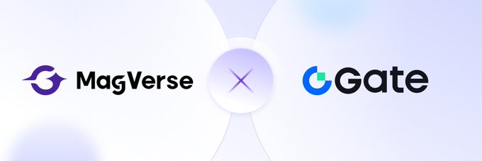 The image features two logos side by side - a purple logo for MagVerse and a blue logo for Gate. The text above the logos reads "You are still choosing between tradfi and crypto, right now @Gate is making that choice irrelevant. On gate new users are earning up to 10k+ USDT through the Reward Hub where you complete newbie tasks to earn rewards worth 85 USDT". This message seems to be promoting a cryptocurrency exchange or platform called Gate, which is targeting users who have not yet transitioned from traditional trading methods to crypto trading.