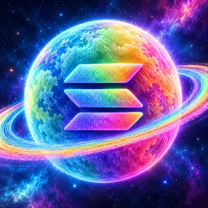 A vibrant digital artwork showing a rainbow-colored planet with the Solana (SOL) logo in the center, surrounded by glowing rings against a purple and blue cosmic background.