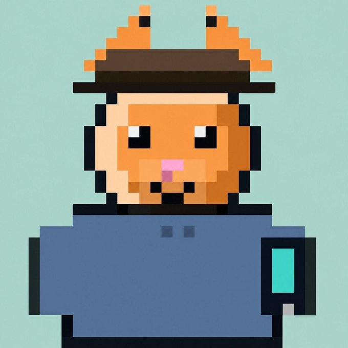 Pixel art NFT-style character featuring an orange bear/animal face wearing a brown hat, with a blue body and teal cuff, set against a light teal background.