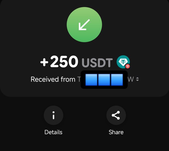 A mobile wallet confirmation screen shows a successful receipt of +250 USDT with a green checkmark, the sender's name partially redacted, and Details and Share buttons below.