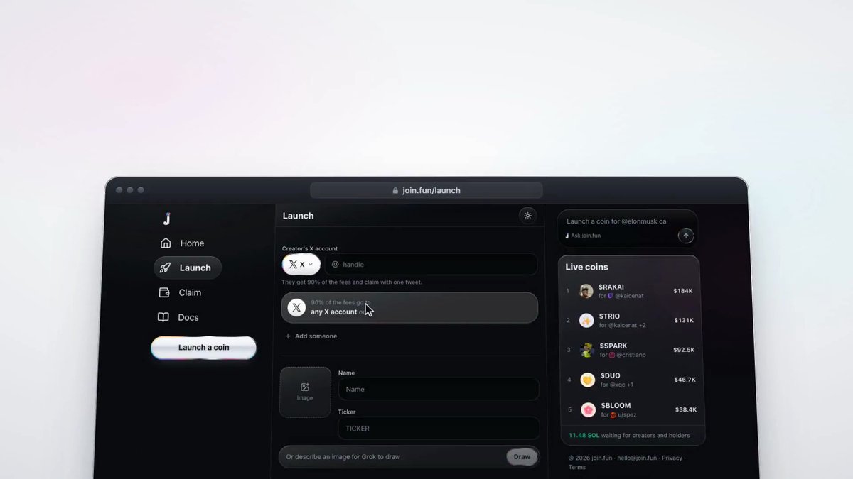 A screenshot of join.fun's launchpad interface, showing a "Launch" page where creators can launch coins and keep "90% of the fees" for any X account, with a "Live coins" leaderboard featuring $RAKAI ($184K), $TRIO ($131K), $SPARK ($92.5K), $DUO ($46.7K), and $BLOOM ($38.4K). The interface directly illustrates the criticism, displaying how the platform routes transaction fees to creators rather than to charity.