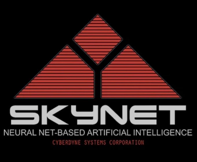 A logo for "SKYNET - Neural Net-Based Artificial Intelligence" by Cyberdyne Systems Corporation, featuring three red striped triangles arranged in a pyramidal formation. The image ties into the "happy August 29" post by referencing the date (August 29, 1997) on which Skynet becomes self-aware in the *Terminator* film franchise.