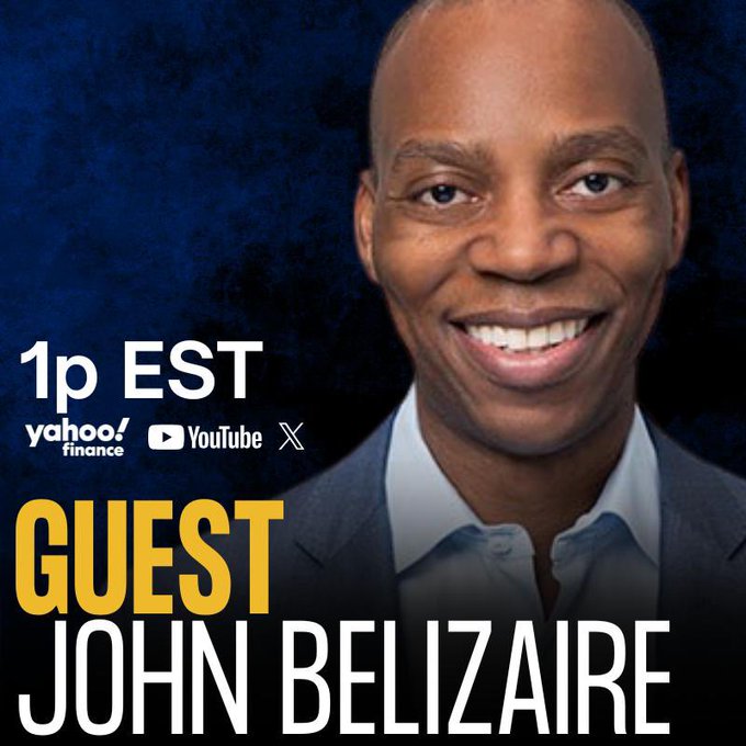 A professional headshot of smiling guest John Belizaire is featured in a promotional graphic announcing a 1p EST broadcast streaming on Yahoo Finance, YouTube, and X, aligning with the post's anticipation of an upcoming interview tied to $SLNH Soluna Holdings.