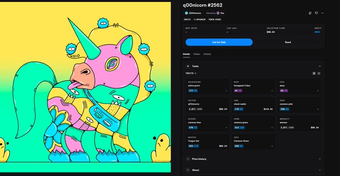 A split-screen showing a colorful illustration of a unicorn-like character on the left and a dark-themed NFT marketplace interface on the right for 'q00nicorn #2562', displaying traits and a 'Last Sale' button.