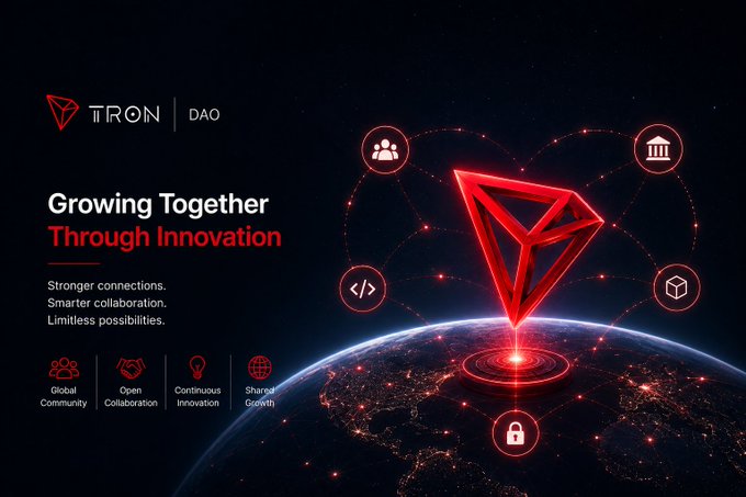 A promotional banner for the TRON DAO featuring the tagline 'Growing Together Through Innovation' with icons representing Global Community, Open Collaboration, Continuous Innovation, and Shared Growth.