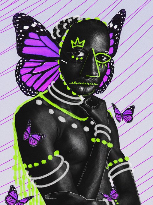 A surreal, high-contrast digital collage featuring a dark-skinned figure with neon green line-art facial markings, adorned with large purple butterfly wings and surrounded by smaller purple butterflies against a diagonally striped purple and white background.
