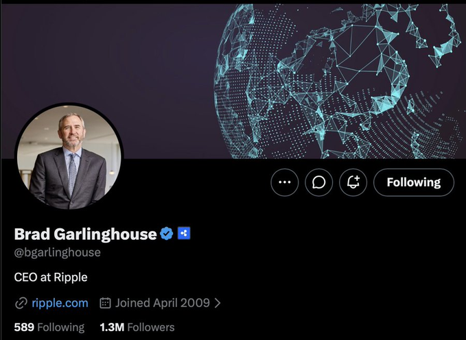 A Twitter/X profile page for Brad Garlinghouse (@bgarlinghouse), CEO at Ripple, with 589 Following and 1.3M Followers, featuring a stylized digital globe banner and a profile photo of a man in a suit.