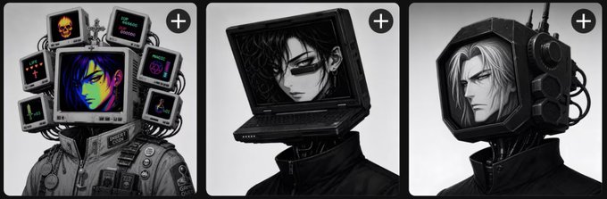 Three black and white digital art portraits featuring characters with screens or monitors as heads, including one surrounded by multiple smaller screens and others with laptop or helmet-style heads.