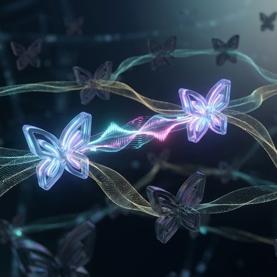 The image features two butterflies with blue wings fluttering against a black background. The butterflies are positioned next to each other, creating an interesting visual contrast between their vibrant colors and the dark surroundings. The butterflies appear to be floating or flying through space, adding a sense of movement and dynamism to the scene.