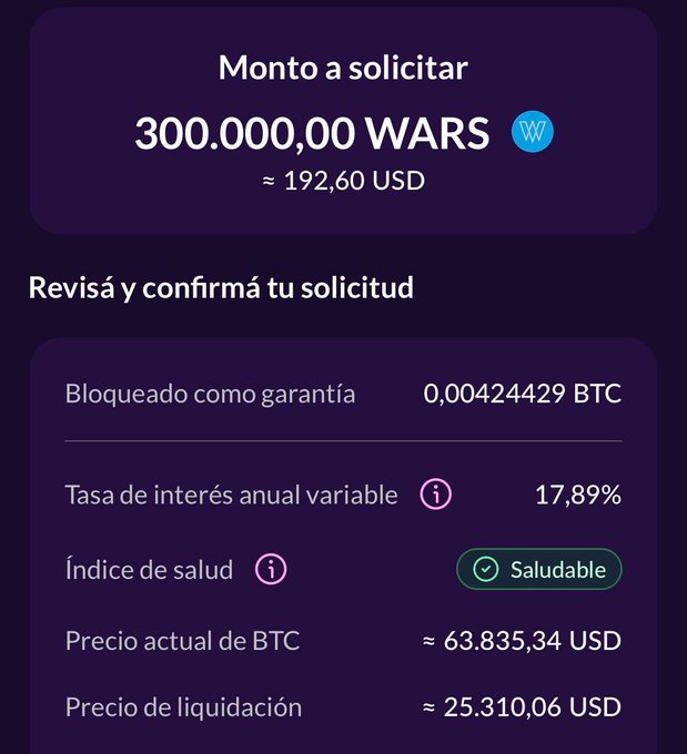 The image shows a Ripio loan confirmation screen for borrowing 300,000 WARS (≈ $192.60 USD) using 0.00424429 BTC as collateral, with a 17.89% variable annual interest rate, a "healthy" health index, and a liquidation price of ≈ $25,310.06 USD. This illustrates the post's point that Ripio now allows users to take out loans using BTC as collateral—ideal for avoiding selling BTC during a bear market by borrowing against it instead.