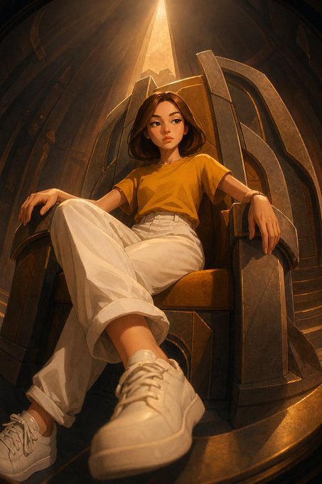 A digital illustration of a young woman with brown hair wearing a yellow t-shirt and white pants with sneakers, sitting casually on a large ornate throne-like chair.