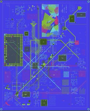 A close-up of a blue printed circuit board with various chips, traces, and geometric patterns.