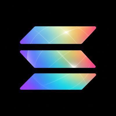 Solana (SOL) cryptocurrency logo featuring three stacked parallelogram shapes with a rainbow gradient on a black background.