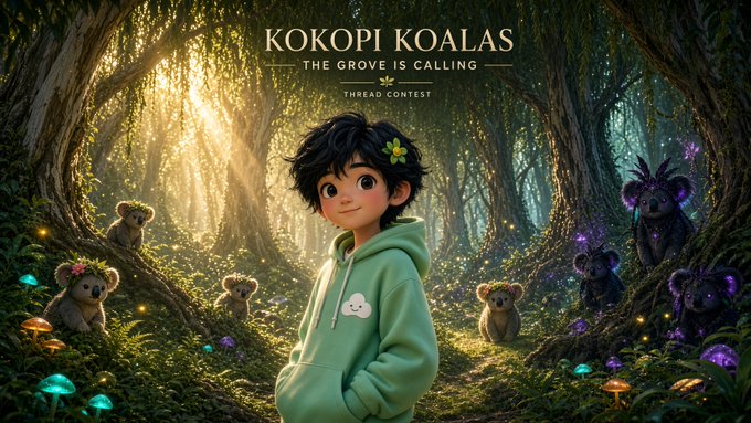 An illustrated scene titled 'KOKOPI KOALAS' with the subtitle 'THE GROVE IS CALLING' shows a child in a green hoodie surrounded by koalas and magical creatures in a sunlit forest.