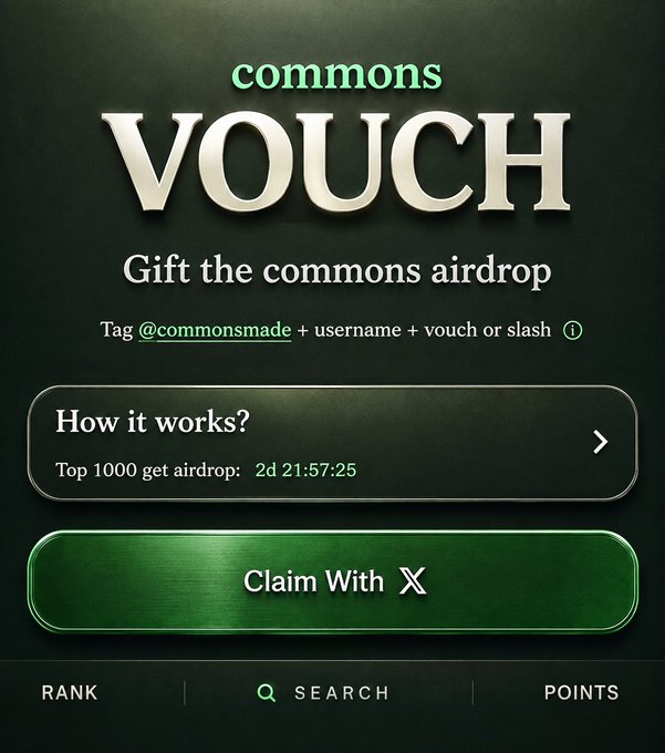The image shows a "commons VOUCH" page promoting a gift-the-commons airdrop with instructions to tag @commonsmade with a username and "vouch or slash." It features a timer showing "2d 21:57:25" remaining for the top 1000 airdrop, with a green "Claim With X" button and navigation tabs for Rank, Search, and Points. The visual supports the post's pitch about VibeFi's vouch/slash system for awarding points and potential airdrops.