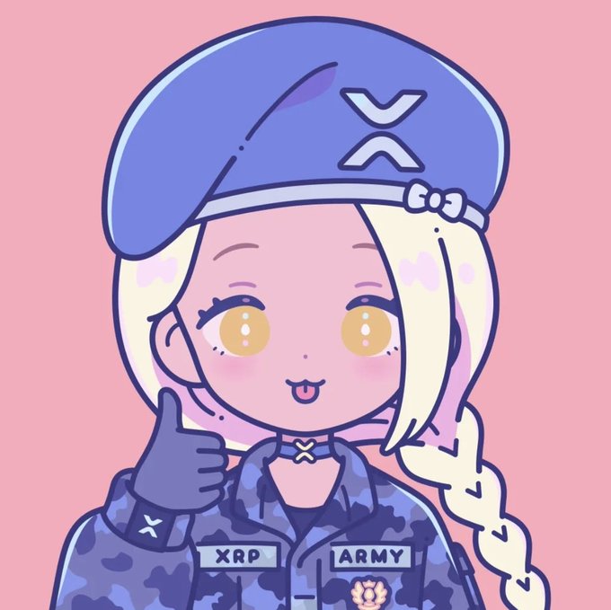 A cute chibi-style illustration of a blonde anime girl giving a thumbs-up, wearing a blue beret marked with an 'XRP' logo and a camouflage outfit labeled 'XRP ARMY'.