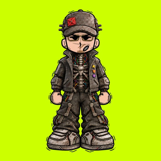 A chibi-style cyborg character wearing a cap with a red "X" patch, sunglasses, and a jacket featuring colorful pins stands against a bright lime green background, visually representing the edgy, street-tech aesthetic of the "@StreetBornRH" mint spot giveaway. The character's cyberpunk vibe aligns with the promotional post's call to follow, like, RT, and drop a wallet address for a chance at one of 50 guaranteed mint spots ending in 10 hours.