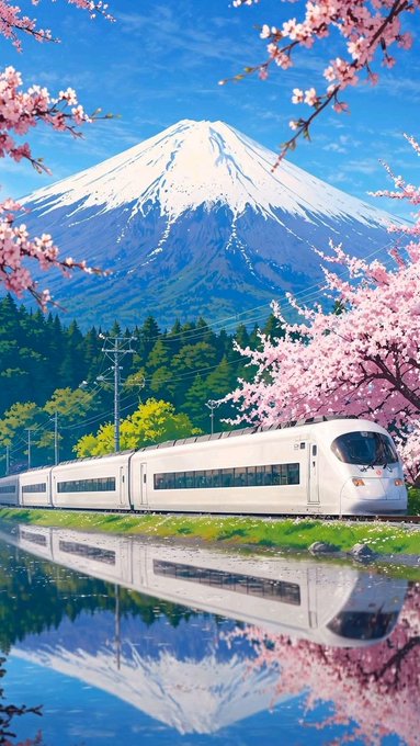 The image features a white train traveling down tracks, surrounded by trees with pink flowers blooming. The sky above has some clouds, adding depth to the scene. The train appears to be moving along its route, possibly through a mountainous area or near a lake. The presence of the train and the surrounding nature creates an atmosphere that evokes a sense of tranquility and peacefulness.