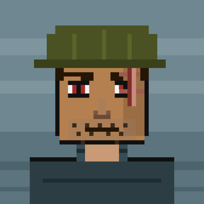A pixel art illustration of a character with brown skin, red eyes, a beard, and a green hat against a blue striped background.