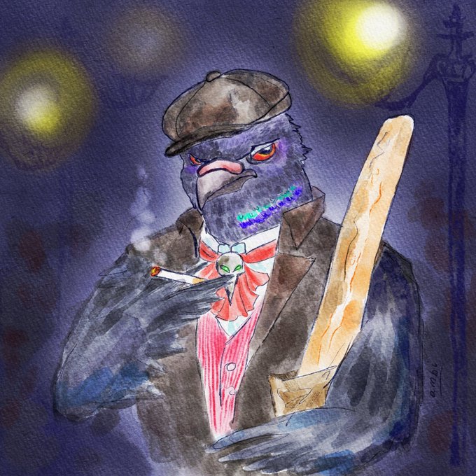 Watercolor-style illustration of an anthropomorphic pigeon dressed as a 1920s gangster in a suit and bowler hat, smoking a cigarette and holding a wooden baseball bat under streetlamps.