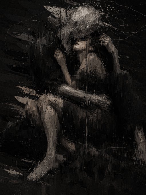 A dark, abstract painting depicting a seated figure with long hair, using textured grays and blacks with sketchy line details.