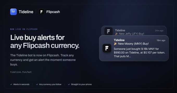 A promotional graphic for 'Tideline' featuring live buy alerts for any Flipcash currency, highlighting recent purchases of Jiffy and Moony.