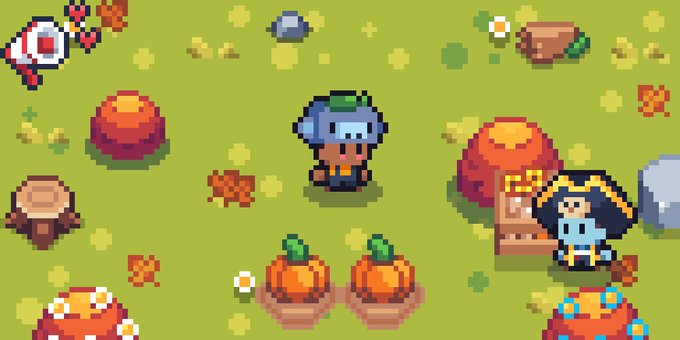 A pixel art scene shows two characters standing among large pumpkins, flowers, and rocks on a grassy field.