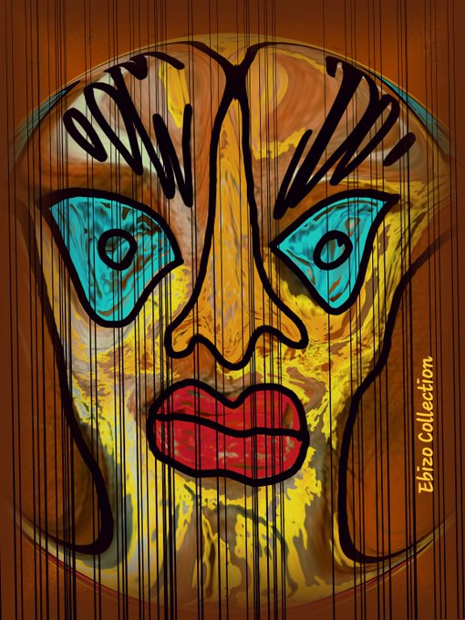 A vibrant digital illustration of a distorted face with bright blue eyes and red lips, labeled "Ebizo Collection" on the side.