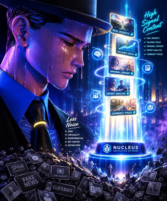 Cyberpunk-style illustration for 'Nucleus Reputation Network' showing a suited man with digital tears on his face, contrasted between 'High Signal Content' (real insights, original content, expert analysis, community voices) and 'Less Noise' (spam, low quality, misinformation, bot content, distractions).