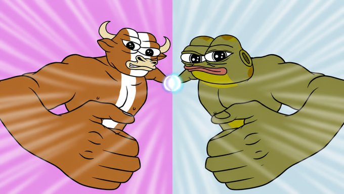 The image features two cartoon characters, a brown bull with horns and a frog with a mouth, engaged in an intense battle for dominance. The scene takes place against a pink background that has a purple glow effect, creating a dramatic atmosphere. The caption of the image reads "Wow the official $MUMU X account is now shilling $HOPPY 2RWndXkxWkaKhGjE7dZivVbK5qXtpwnCZJ1jpnxapump".
