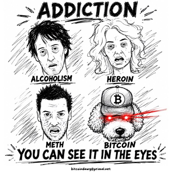 A satirical illustration titled 'ADDICTION - YOU CAN SEE IT IN THE EYES' comparing alcoholism, heroin, meth, and a Bitcoin-themed dog with glowing red eyes.