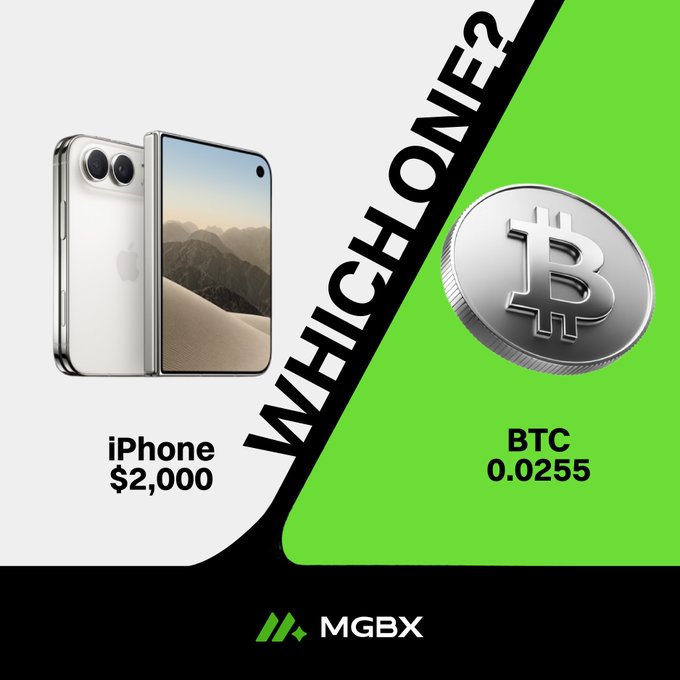 The image is a "Which One?" comparison graphic showing an iPhone priced at $2,000 on the left side versus 0.0255 BTC (Bitcoin) on the right side, with MGBX branding at the bottom—visually illustrating the social media post's challenge asking followers to choose between spending the same money on an iPhone or Bitcoin.